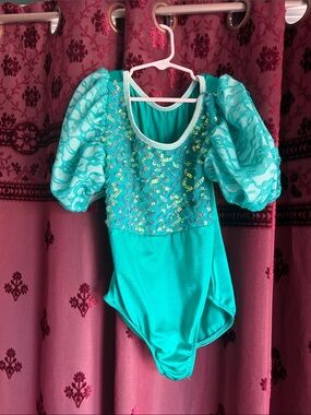 Girls Teal Sequined Puff Sleeve Dance Leotard Size Large